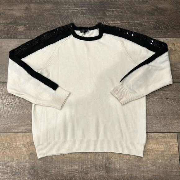 1.STATE Sequin Sleeve Stripe Cotton Blend Crewneck Sweater Cream Size L - Picture 2 of 11